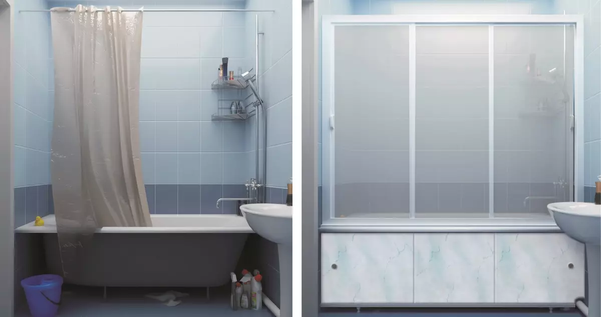 Banyo için sürgülü perdeler: plastik ekran ve geri çekilebilir duş, köşe ve diğer modeller 10192_14