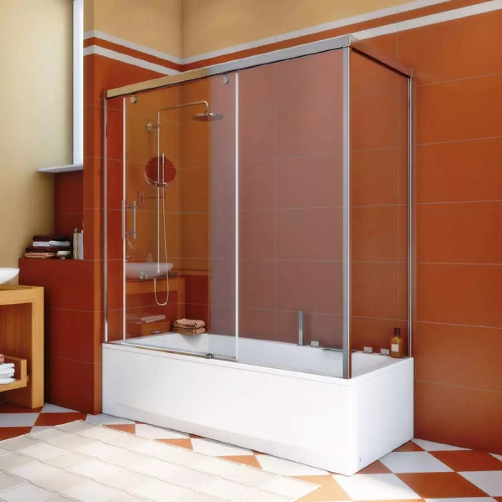 Banyo için sürgülü perdeler: plastik ekran ve geri çekilebilir duş, köşe ve diğer modeller 10192_16