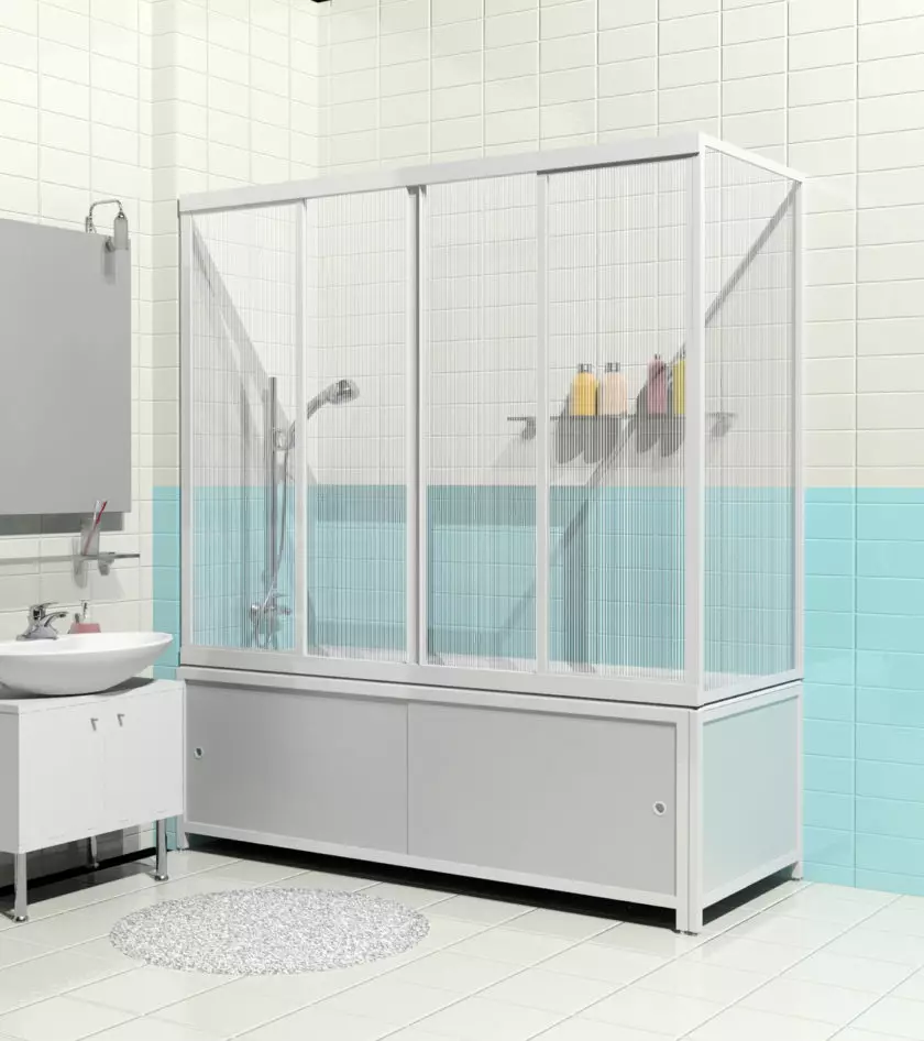 Banyo için sürgülü perdeler: plastik ekran ve geri çekilebilir duş, köşe ve diğer modeller 10192_22