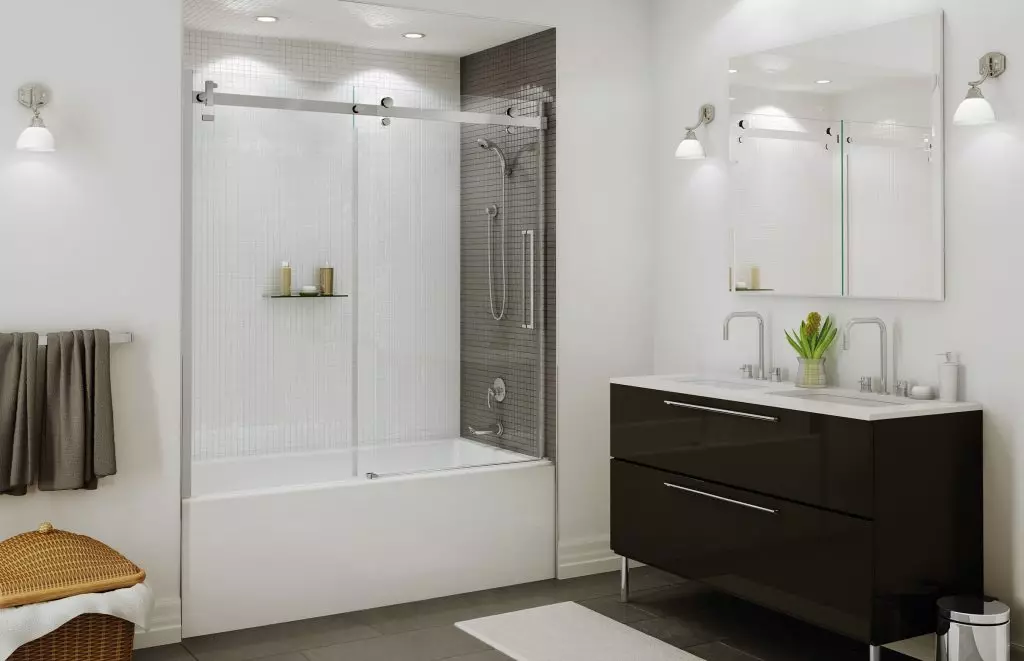 Banyo için sürgülü perdeler: plastik ekran ve geri çekilebilir duş, köşe ve diğer modeller 10192_45