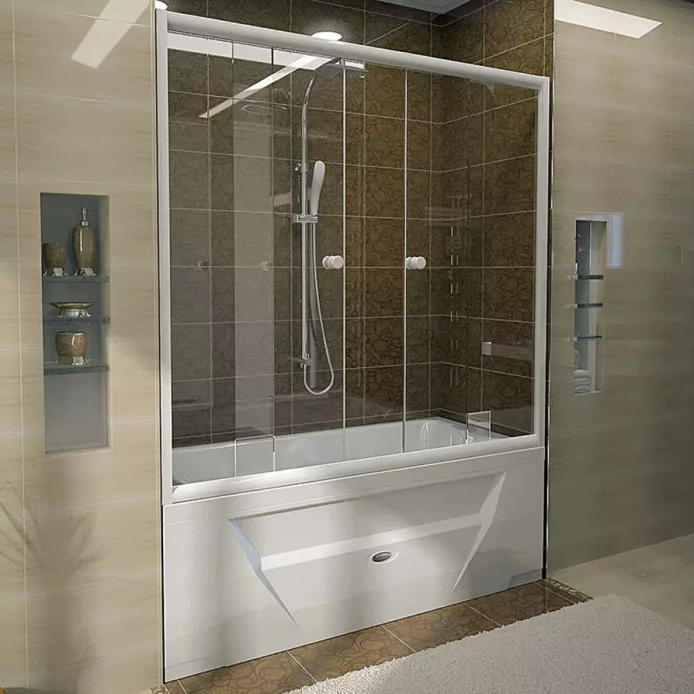 Banyo için sürgülü perdeler: plastik ekran ve geri çekilebilir duş, köşe ve diğer modeller 10192_48