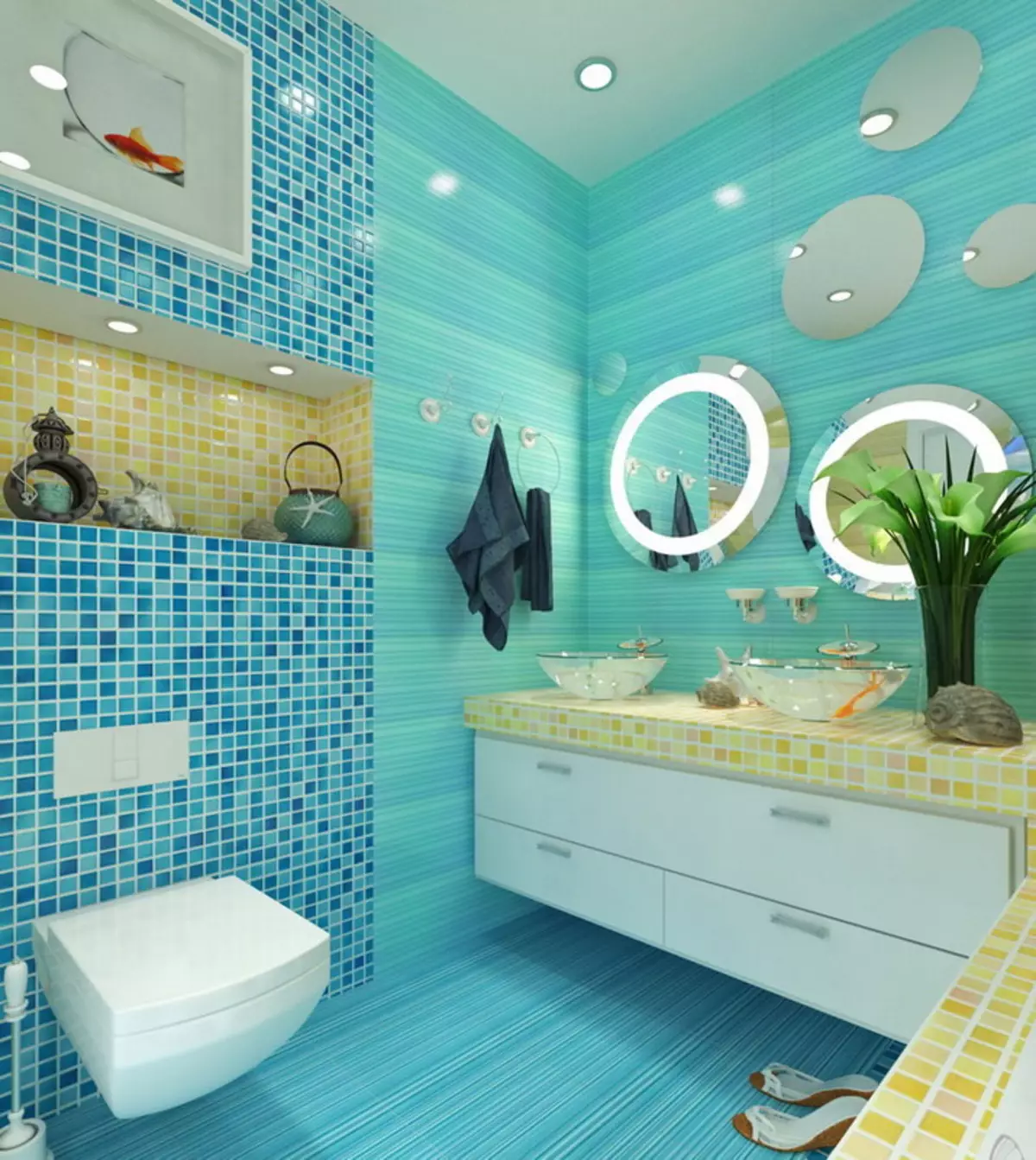 Turquoise badkamer (61 foto's): voorbeelden van badkamerontwerp in deze kleur. We begrijpen in kleuren, creëren een mooi interieur 10203_32