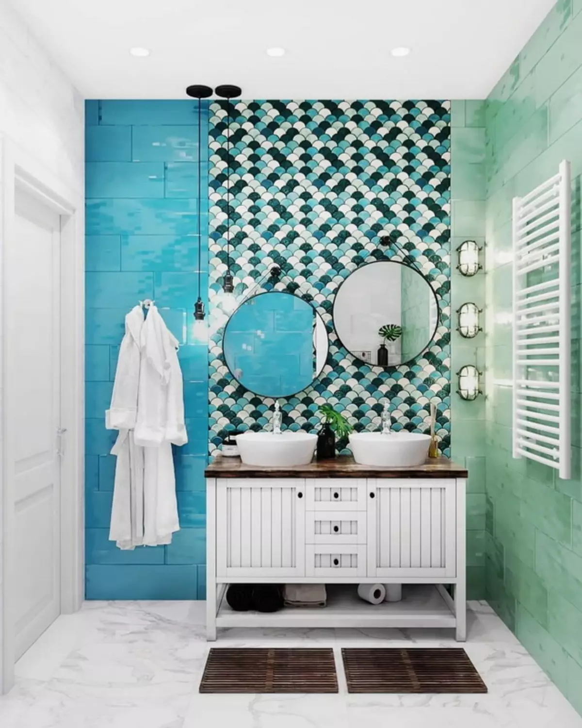 Туркуиза угаалгын өрөө (61 зураг): Энэ өнгөнд угаалгын өрөөний дизайны жишээ. Бид өнгөөр ​​ойлгож, үзэсгэлэнтэй дотоод засал чимэглэлийг бий болго 10203_33