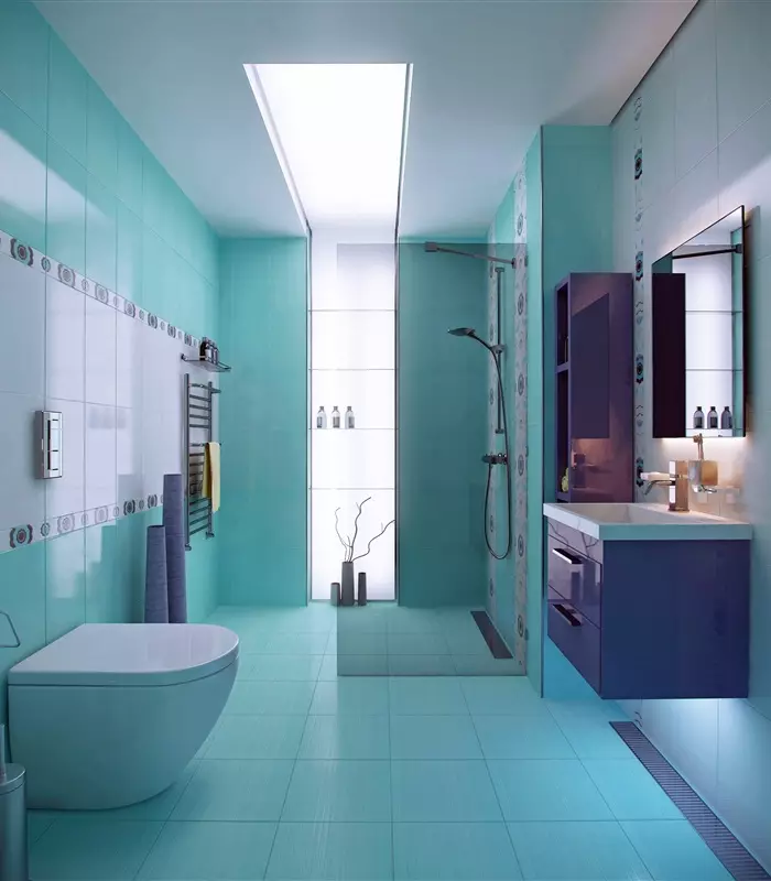 Turkuaz Banyo (61 Fotoğraf): Bu renkte banyo tasarımı örnekleri. Renklerde anlıyoruz, güzel bir iç mekan yaratıyoruz 10203_34