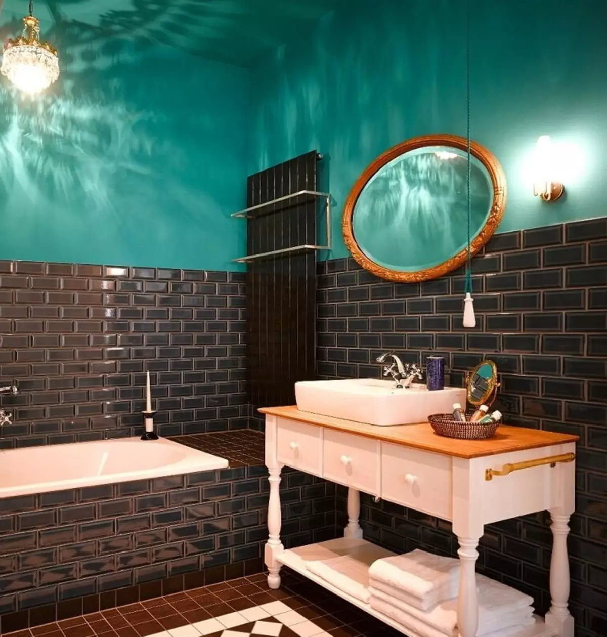 Bilik mandi Turquoise (61 foto): Contoh reka bentuk bilik mandi dalam warna ini. Kita faham dalam warna, buat pedalaman yang indah 10203_36
