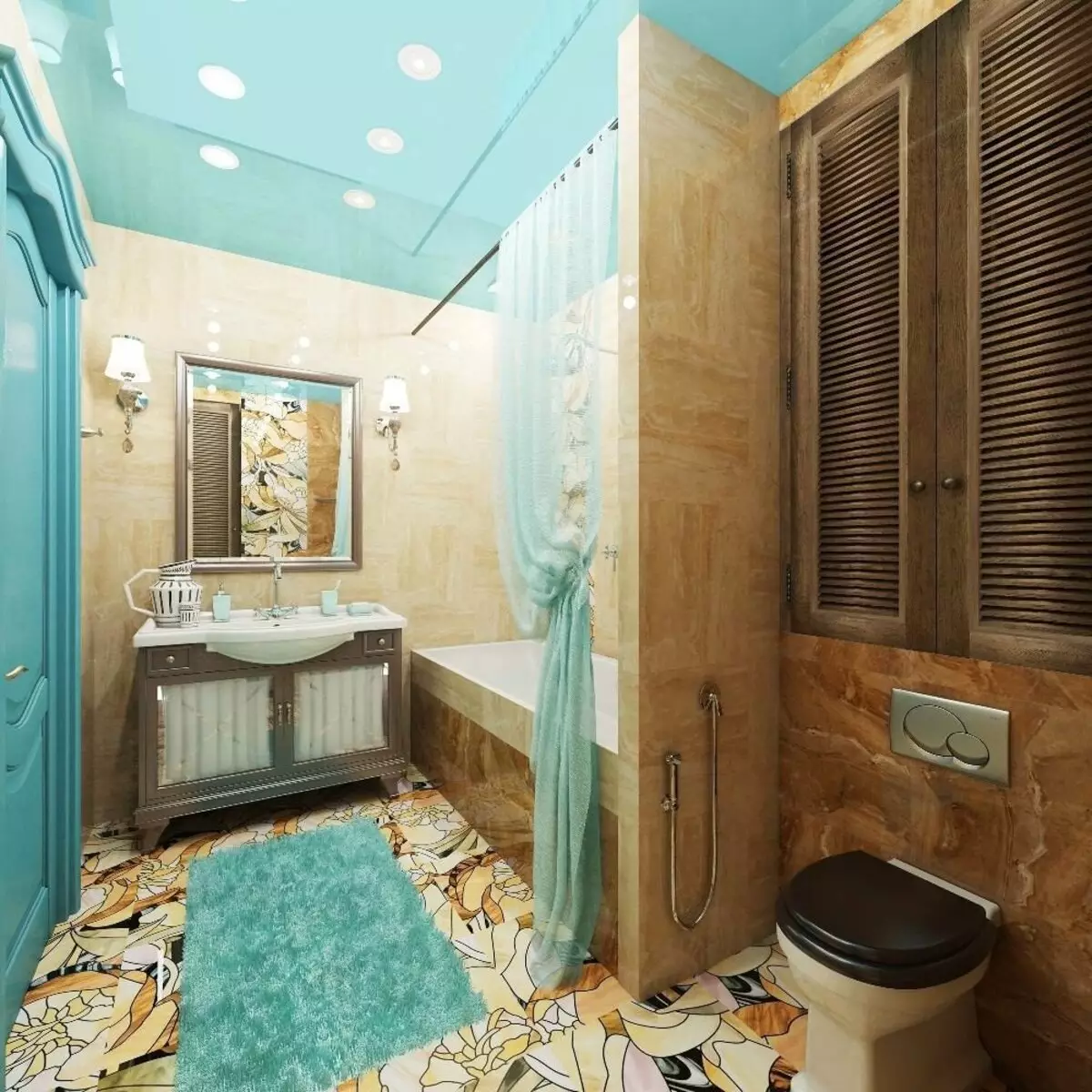 Turkuaz Banyo (61 Fotoğraf): Bu renkte banyo tasarımı örnekleri. Renklerde anlıyoruz, güzel bir iç mekan yaratıyoruz 10203_37