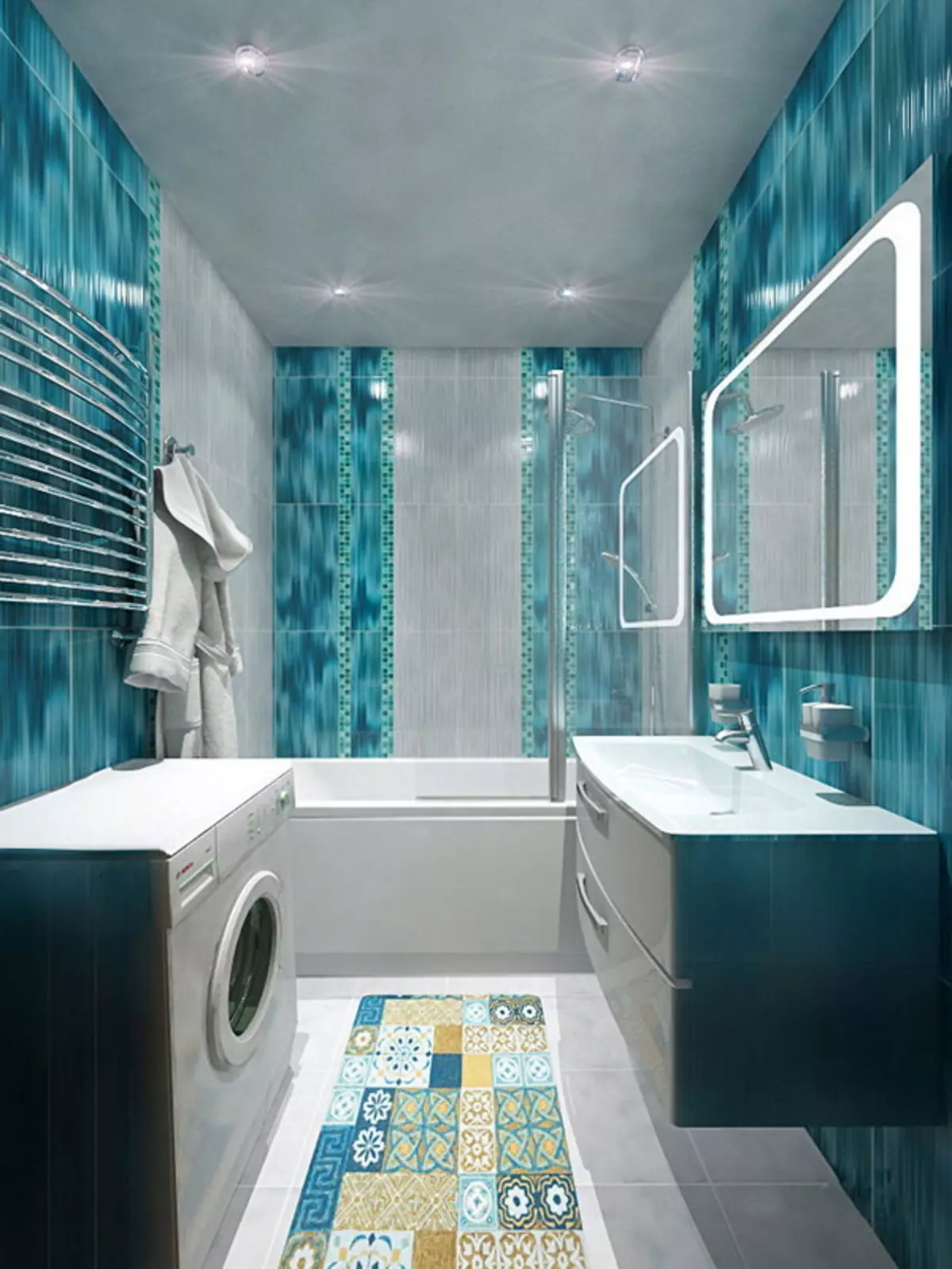 Туркуиза угаалгын өрөө (61 зураг): Энэ өнгөнд угаалгын өрөөний дизайны жишээ. Бид өнгөөр ​​ойлгож, үзэсгэлэнтэй дотоод засал чимэглэлийг бий болго 10203_57