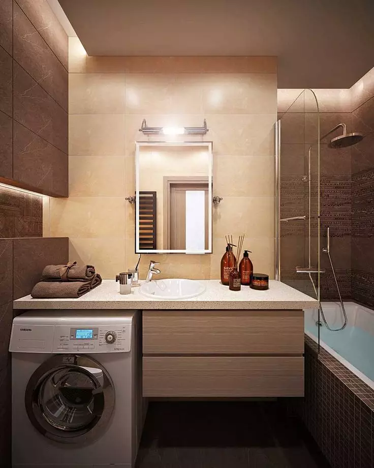 Banĉambro Design 5 KV. M (111 fotoj): Projektoj de belaj banĉambroj 5 kvadrataj metroj en la apartamento, moderna interno kun lavmaŝino 10205_4