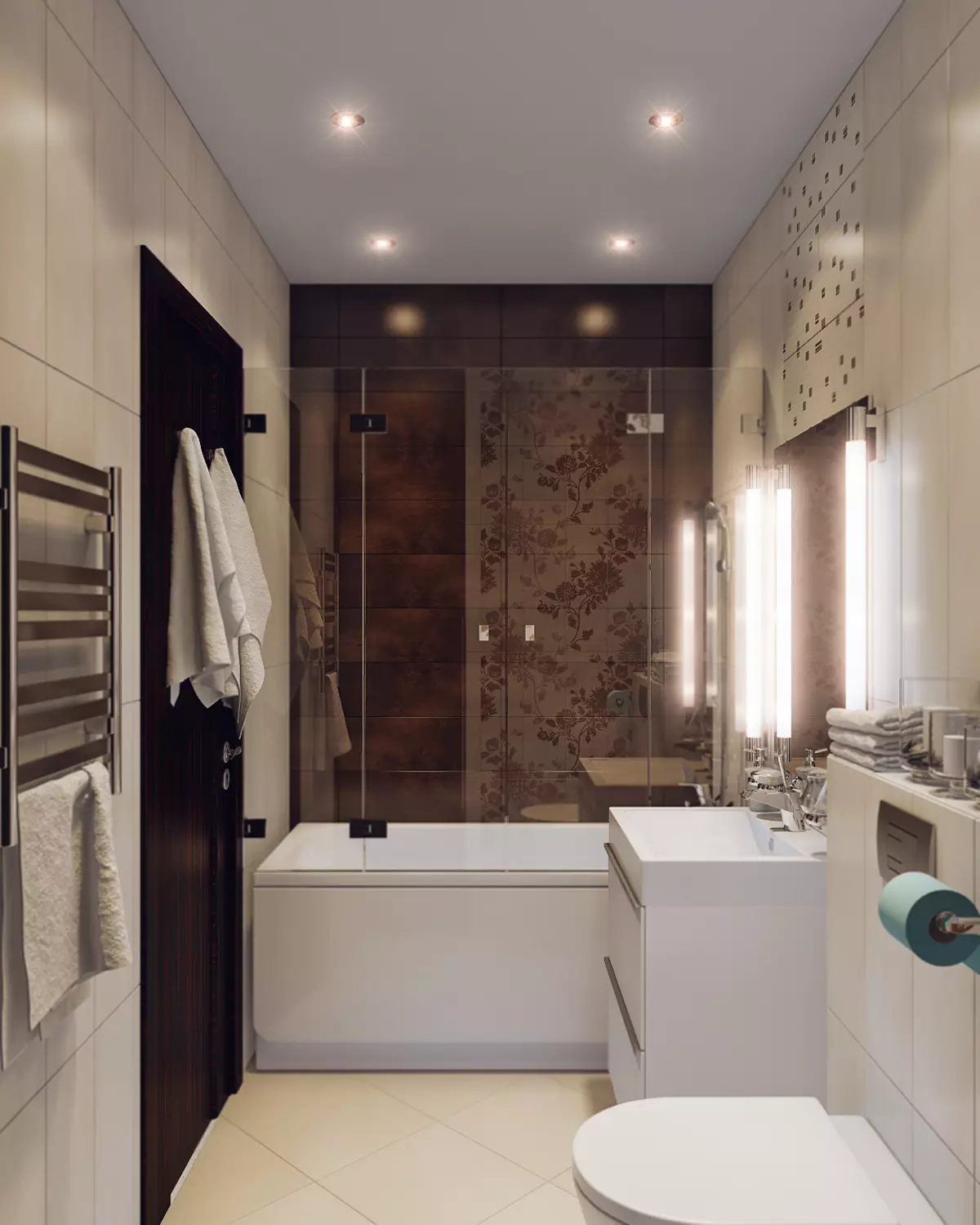 Design kopalnice 5 kV. M (111 fotografije): Projekti lepih kopalnic 5 kvadratnih metrov v apartmaju, sodobna notranjost s pralnim strojem 10205_70