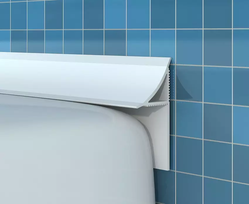 Sempadan untuk mandi (plinths) (42 gambar): reben sempadan, sudut plastik untuk jubin dan buritan dari aliran air ke lantai di bilik mandi 10216_11