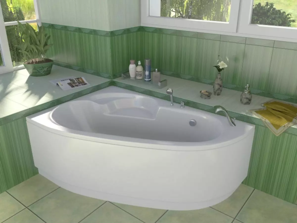 Angle fürdők (101 fotó): Bath érmén sarokkáddal, aszimmetrikus, nagy dupla és kicsi, színes modellek, fém modellek hidromasszázs és nélküle 10219_17