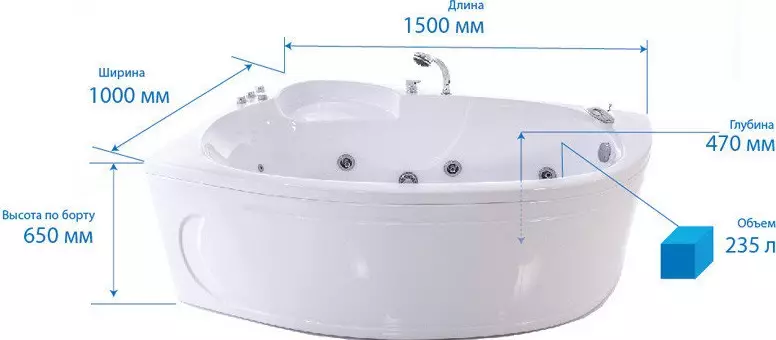 Tắm góc (101 hình ảnh): Các tính năng thiết kế phòng tắm với bồn tắm góc, bất đối xứng, đôi lớn và nhỏ, mô hình màu, mô hình kim loại có thủy lực và không có nó 10219_36