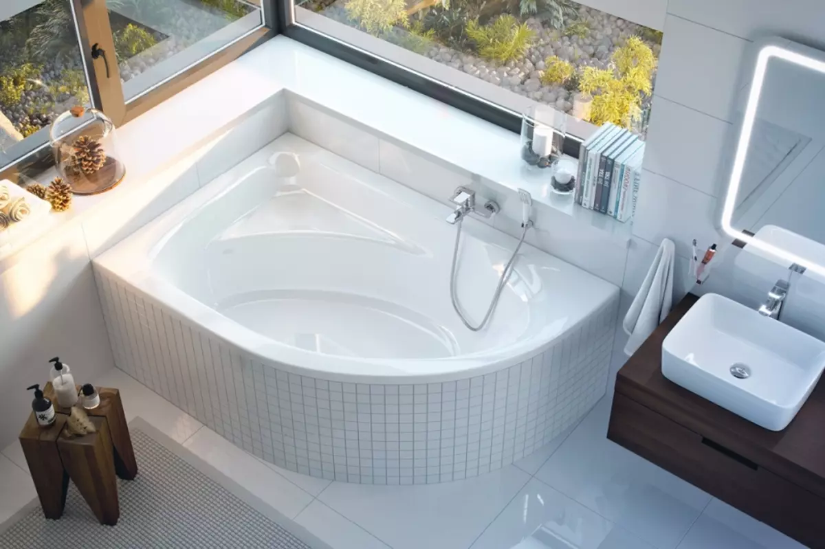 角浴（101張照片）：浴室設計配有角浴，不對稱，大的雙和小，彩色型號，金屬型號，帶有水力按摩器 10219_5