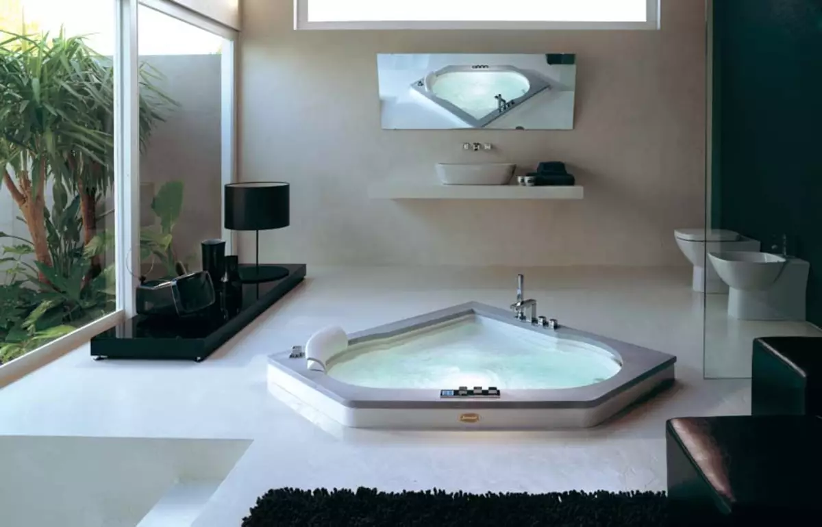 Агол бањи (101 фотографии): Бања дизајн се одликува со агол бања, асиметрична, голем брачен и мали, боја модели, метални модели со хидромасажа и без него 10219_54