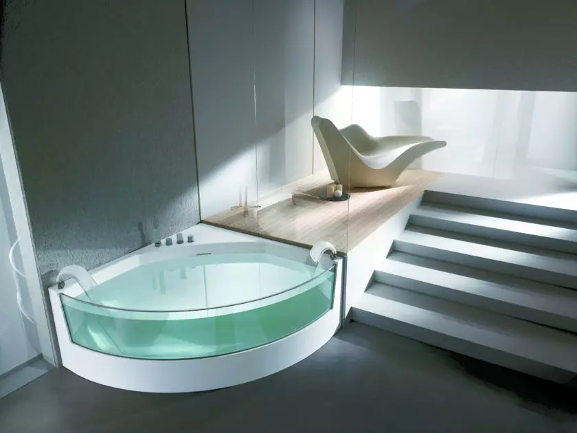Vinkel bade (101 fotos): Bad design har med hjørne badekar, asymmetriske, store dobbelt og små, farve modeller, metal modeller med vandmassage og uden det 10219_61