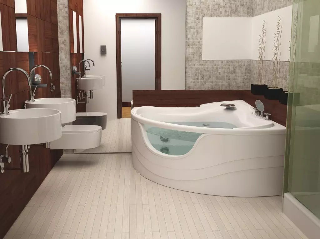 Tắm góc (101 hình ảnh): Các tính năng thiết kế phòng tắm với bồn tắm góc, bất đối xứng, đôi lớn và nhỏ, mô hình màu, mô hình kim loại có thủy lực và không có nó 10219_66