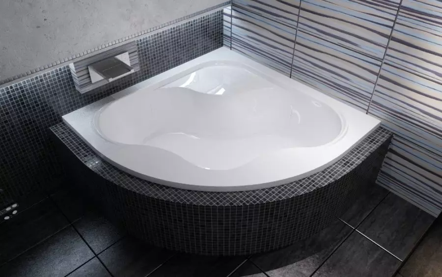 Vinkel bade (101 fotos): Bad design har med hjørne badekar, asymmetriske, store dobbelt og små, farve modeller, metal modeller med vandmassage og uden det 10219_75