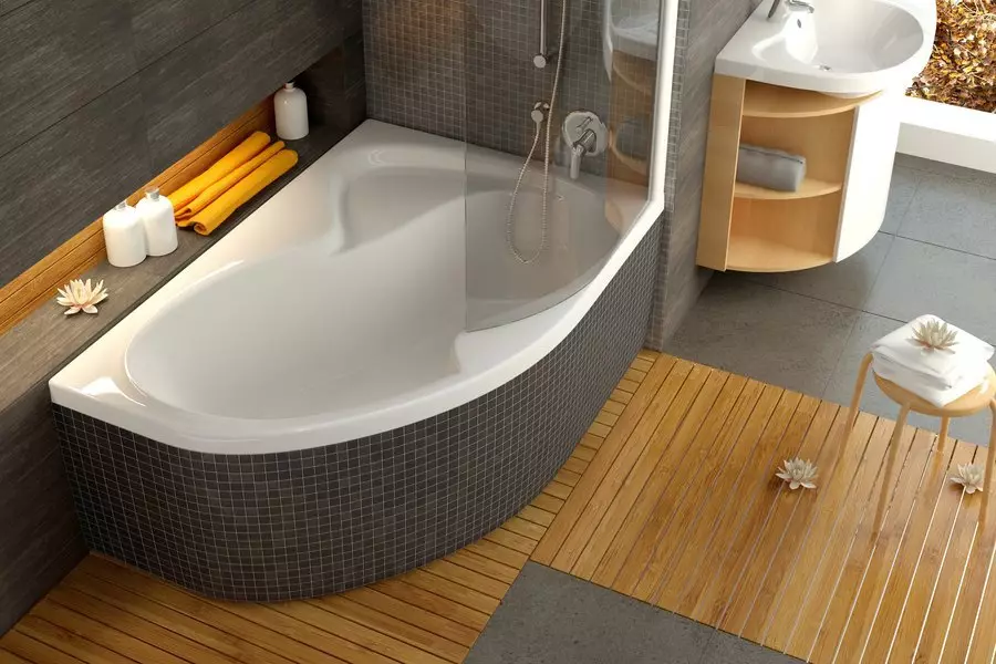 Vinkel bade (101 fotos): Bad design har med hjørne badekar, asymmetriske, store dobbelt og små, farve modeller, metal modeller med vandmassage og uden det 10219_76