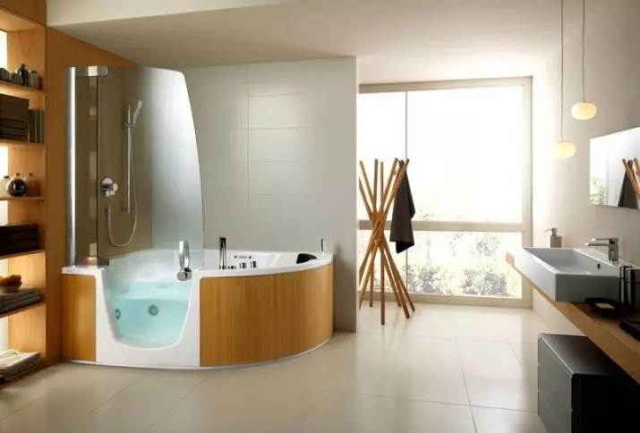 Leņķa vannas (101 fotogrāfijas): vannas dizaina iezīmes ar stūra vannu, asimetriskiem, lieliem dubultiem un maziem, krāsu modeļiem, metāla modeļiem ar hidromasāžu un bez tā 10219_8