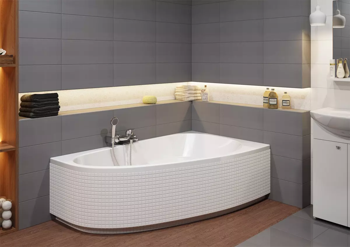 角浴（101張照片）：浴室設計配有角浴，不對稱，大的雙和小，彩色型號，金屬型號，帶有水力按摩器 10219_82