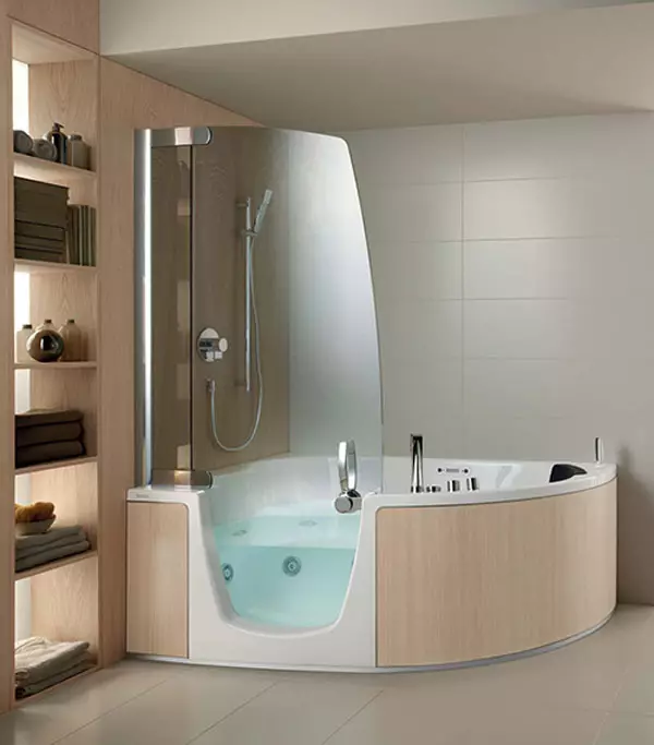 Hjørne badeværelser på badeværelset (79 billeder): Interiørdesign muligheder med hjørne badeværelse, smukke ideer 10233_24