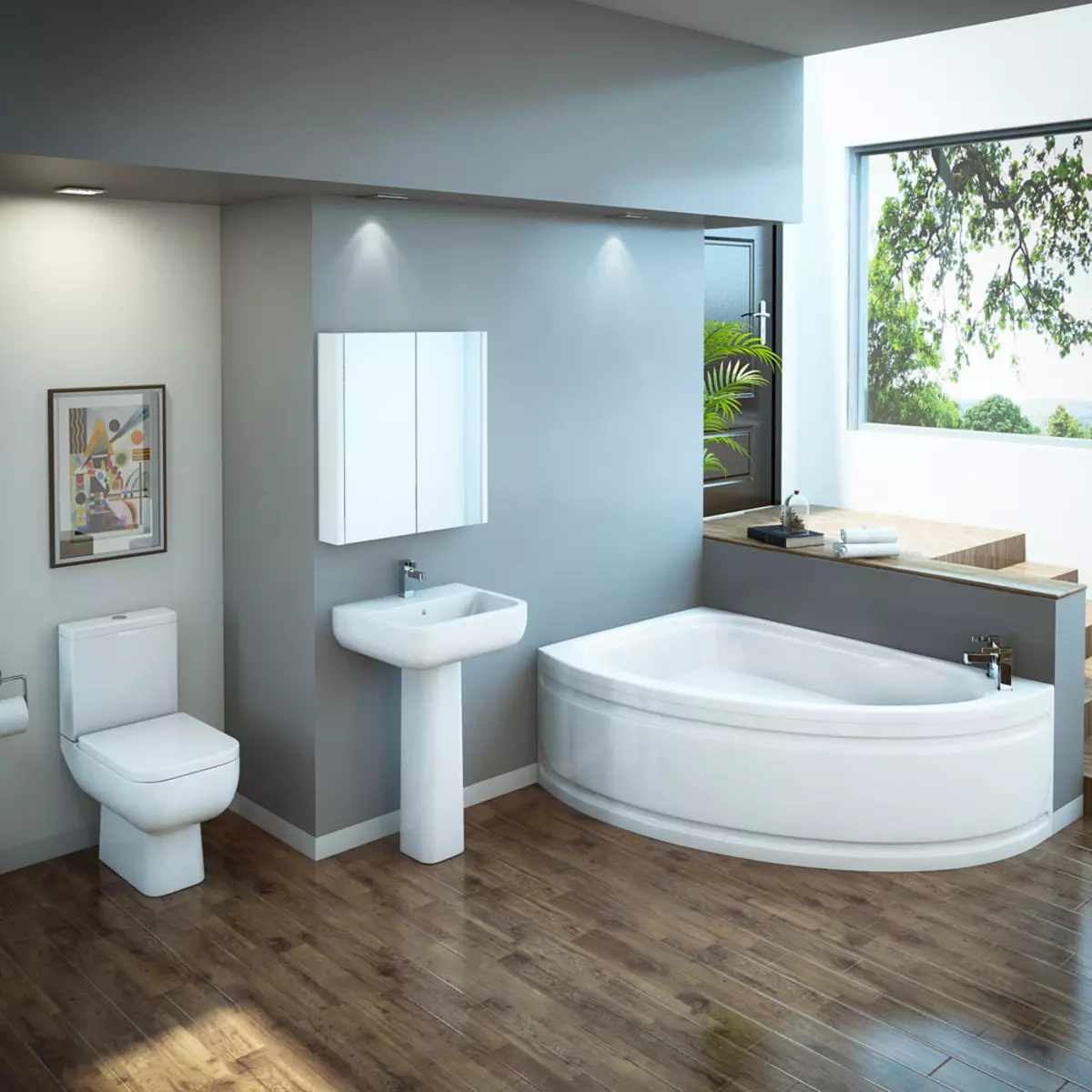 Hjørne badeværelser på badeværelset (79 billeder): Interiørdesign muligheder med hjørne badeværelse, smukke ideer 10233_4