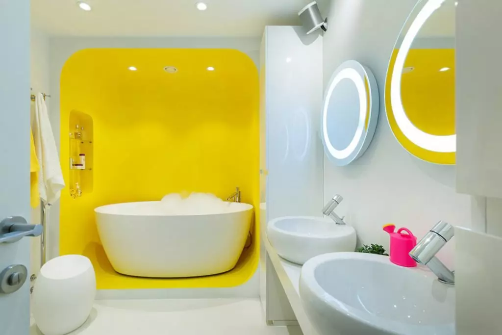 Rumena kopalnica (60 fotografij): rumene keramične ploščice v kopalniškem oblikovanju in drugih končnih materialih 10280_8