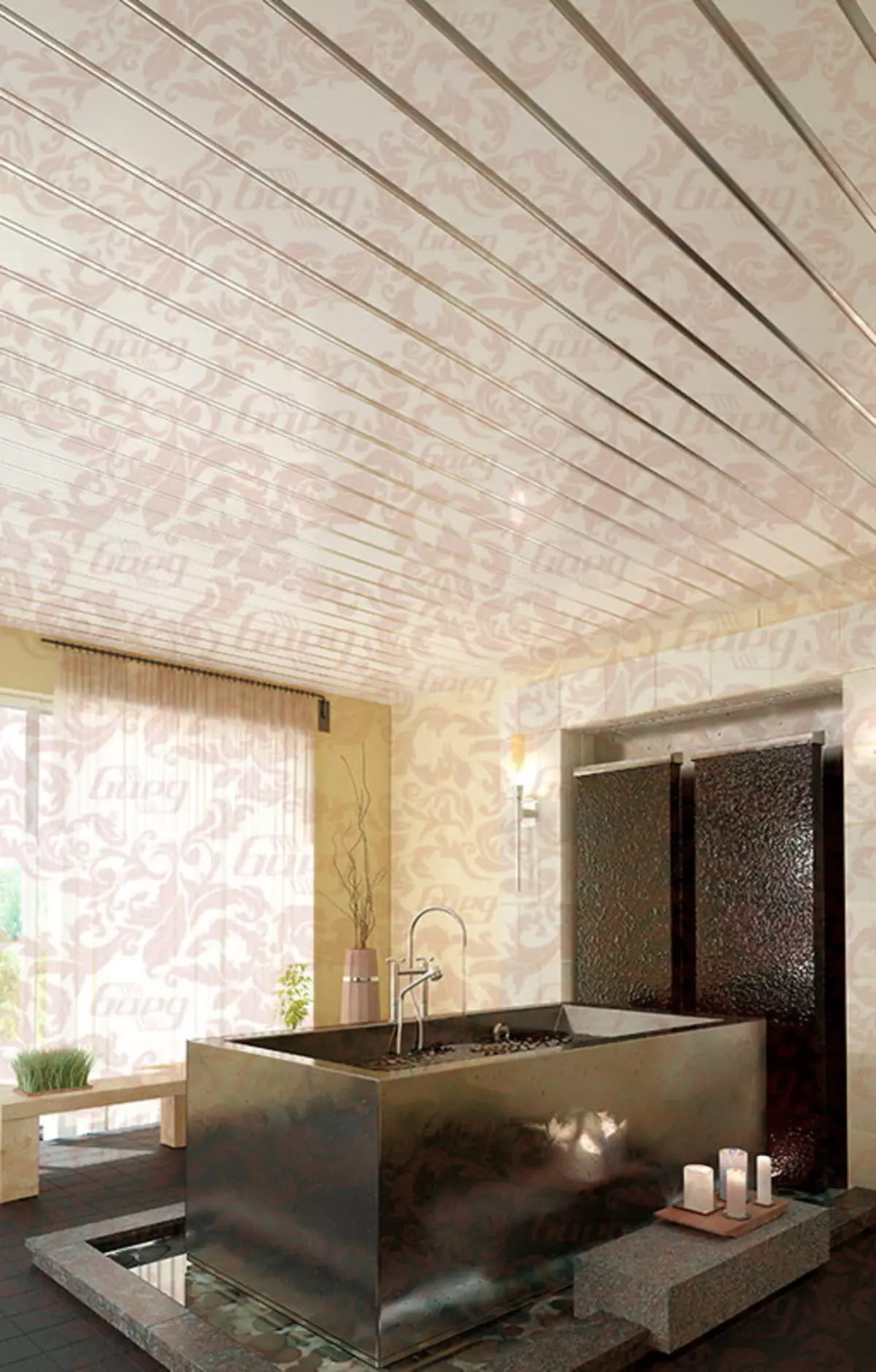 El techo en el baño desde paneles de plástico (78 fotos): Opciones para paneles de techo de PVC, Ideas de diseño de techo en el baño 10282_10