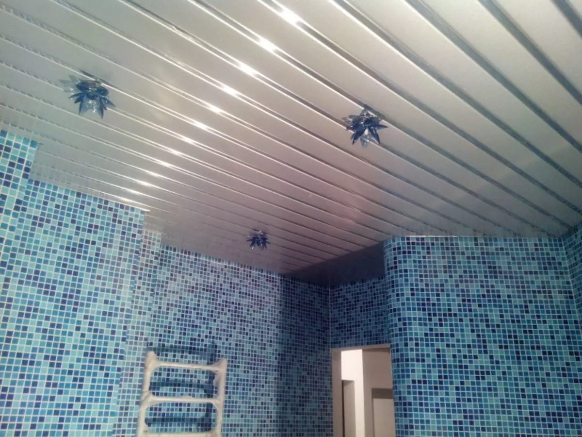 Plafonul din baie din panouri din plastic (78 fotografii): Opțiuni pentru panouri din PVC, idei de design de plafon din Panel în baie 10282_53