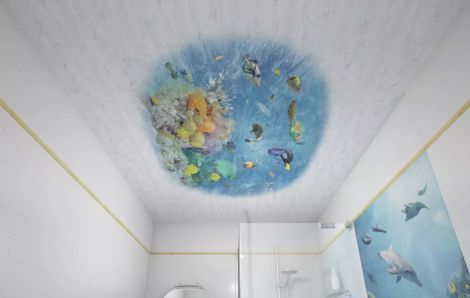 プラスチック製のパネル（78枚の写真）からの浴室の天井：PVCからの天井パネルのオプション、浴室のパネル天井のデザインのアイデア 10282_59