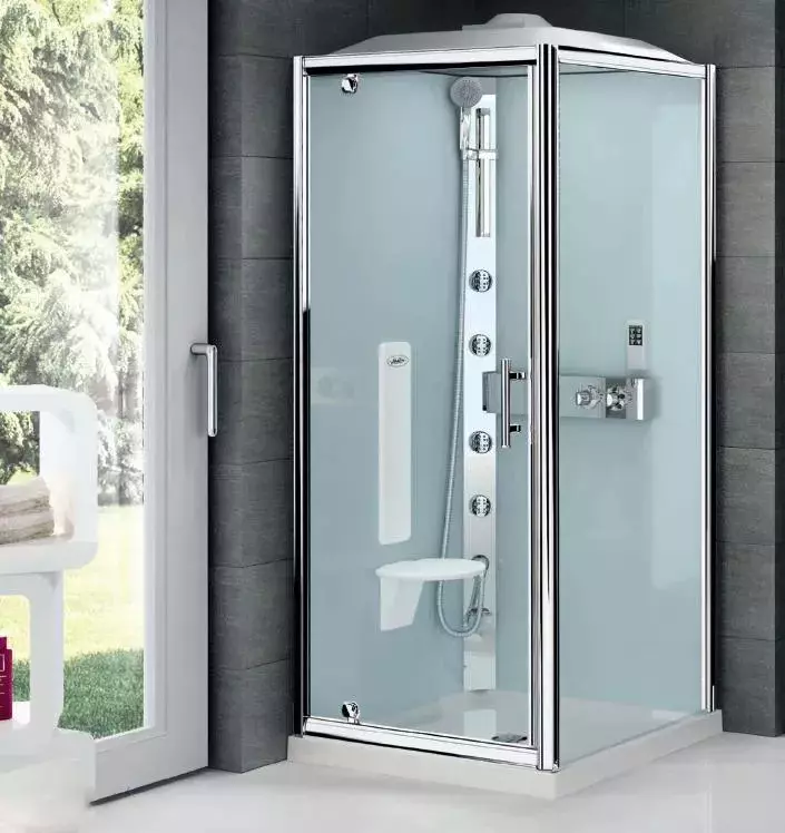 Fyrkantig duschkabin: 80x80, 90x90, 100x100 cm och andra storlekar, låga pallstugor, främre ingång, tak och annat 10320_25
