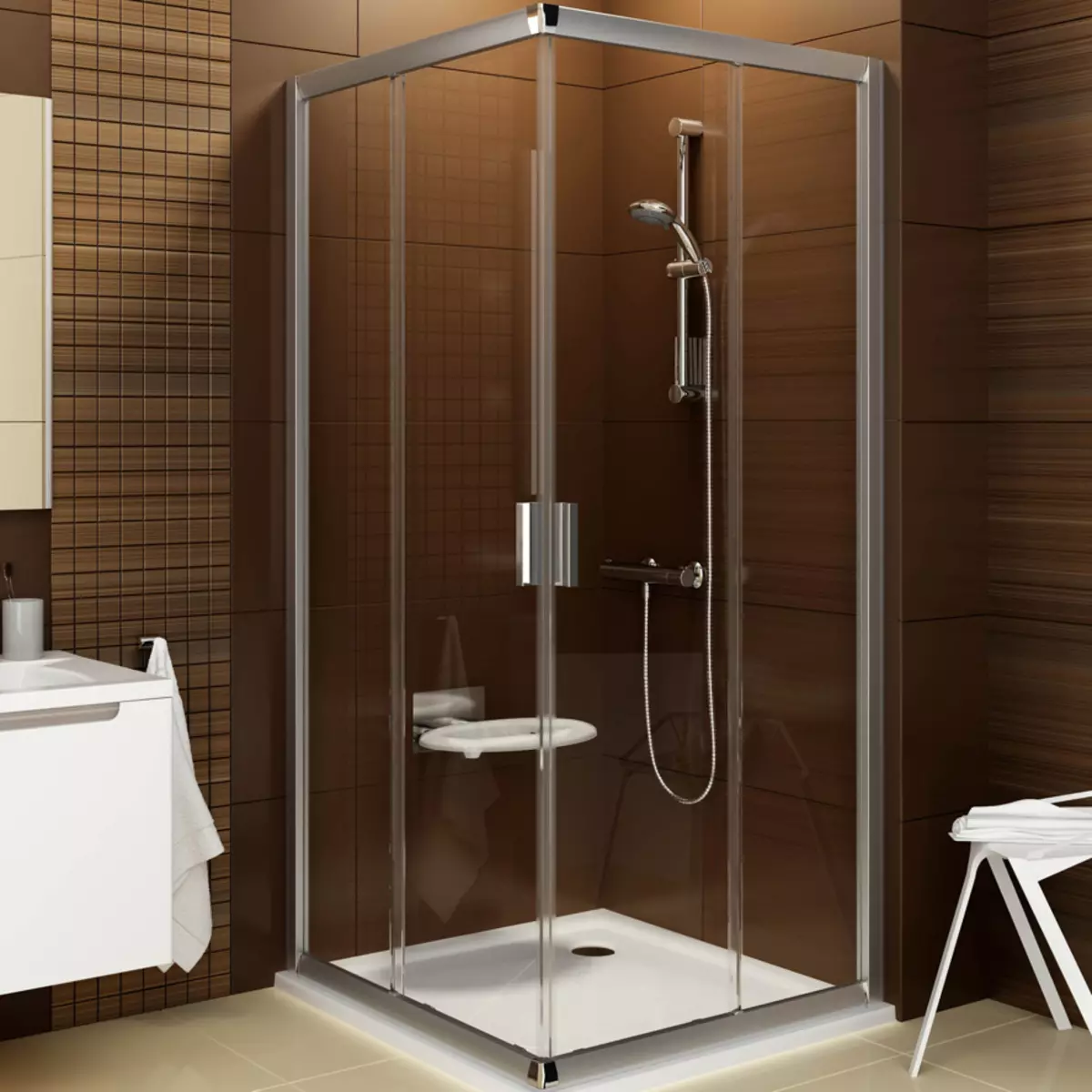 Fyrkantig duschkabin: 80x80, 90x90, 100x100 cm och andra storlekar, låga pallstugor, främre ingång, tak och annat 10320_59
