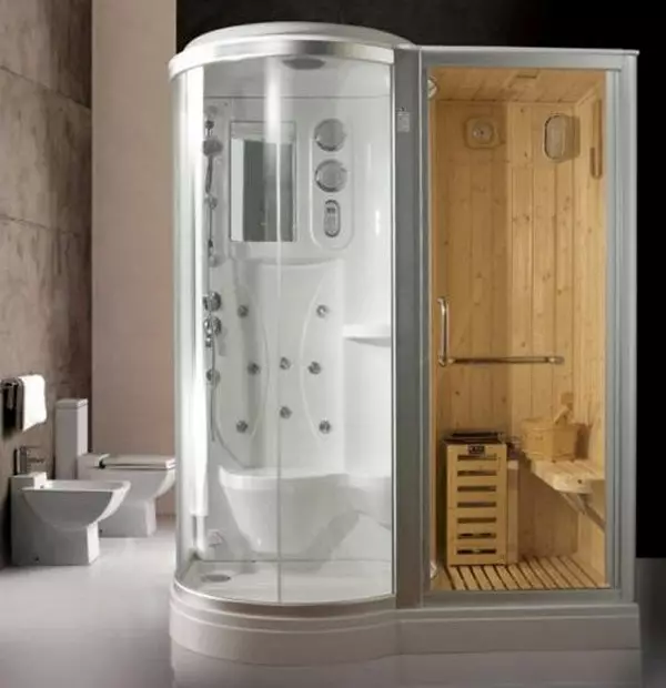 Kabin mandi dengan generator uap: model dengan mandi uap Turki dan kamar mandi, dengan sauna Hamam dan Finlandia, pilihan lain. Ulasan 10322_19