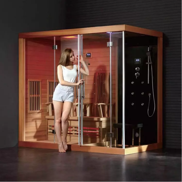 Douchecabine met stoom generator: modelle met Turkse stoombad en badkamer, met Hamam en Finse sauna, ander opsies. Resensies 10322_21