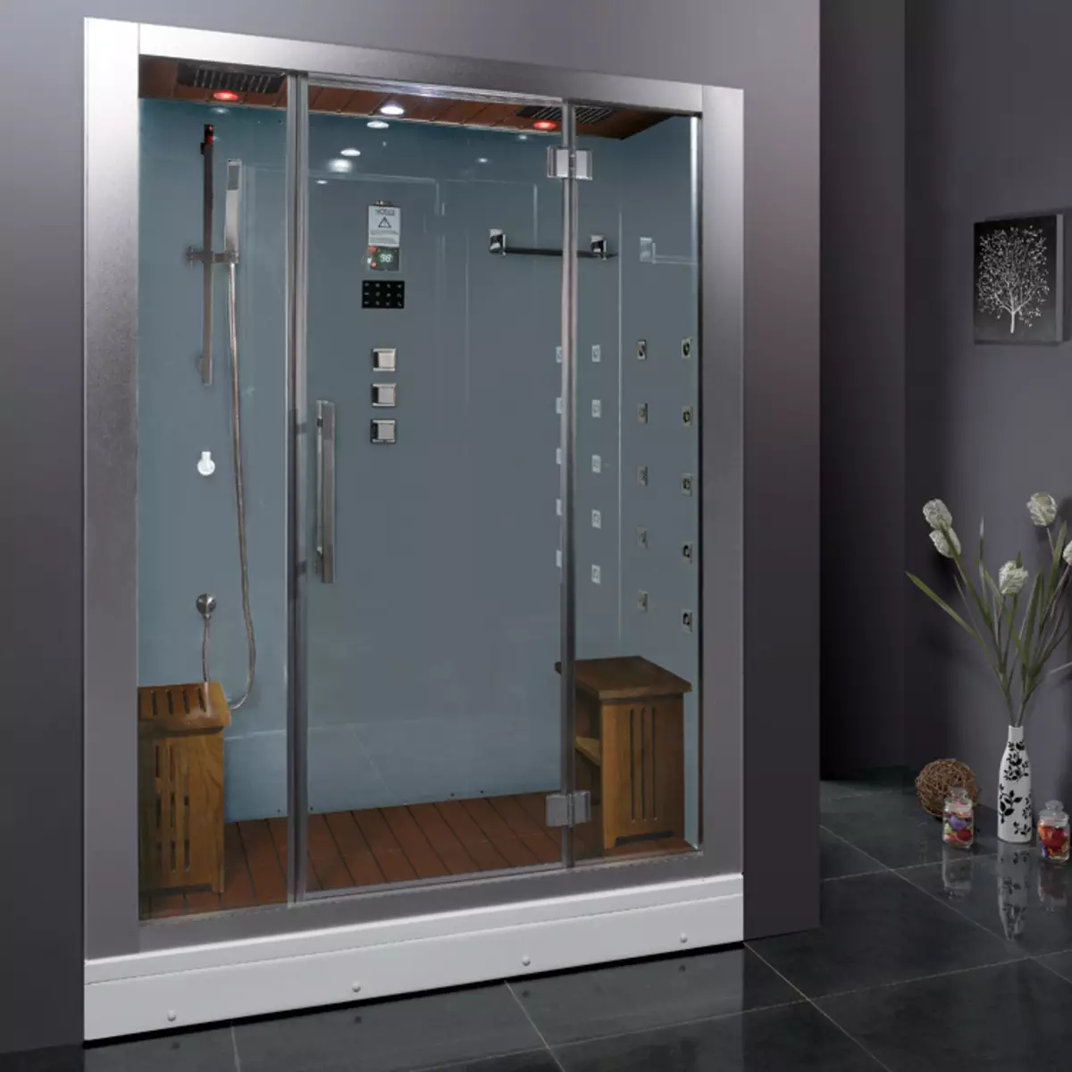 Shower Babige ne Sauna: Models neine Finnish Paril yeparara uye ine infrared sauna mu yekugezera, vamwe 10323_29