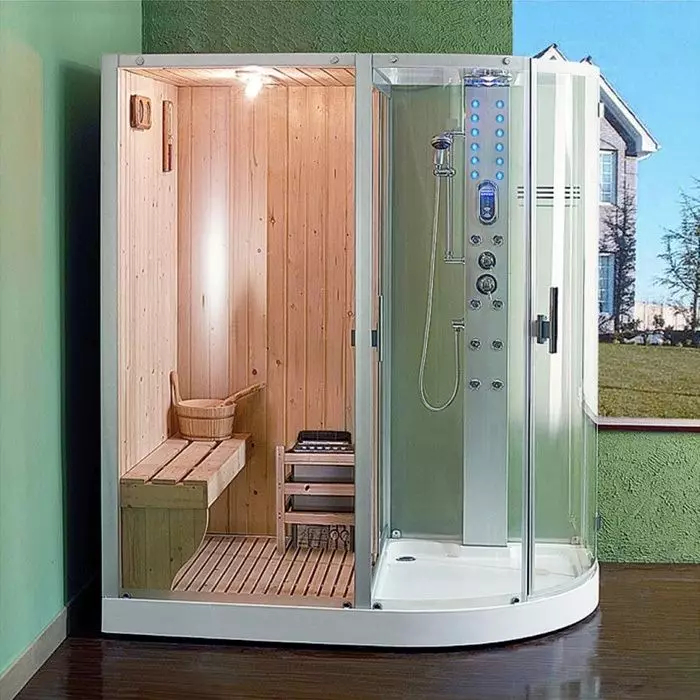 Sauna bilan dush idishlari: kvartira pardasi va hammomdagi infraqizil Sauna bilan modellar 10323_8