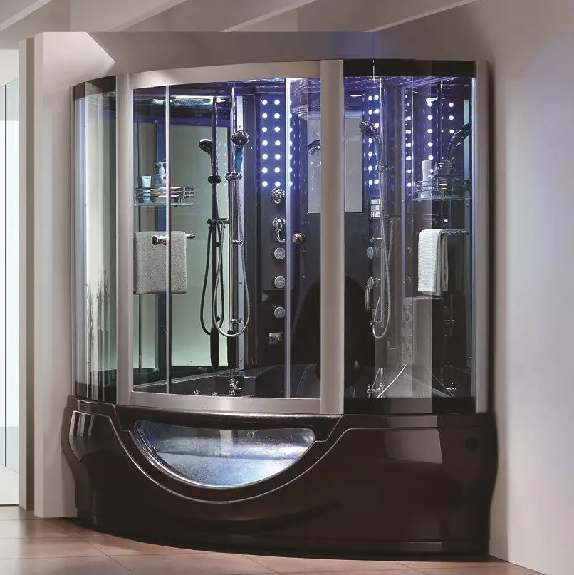 Cabines de douche en verre (87 photos): types de verre. Modèles avec palette, angulaires et carrés 90x90 cm avec des murs en verre, autres 10333_59