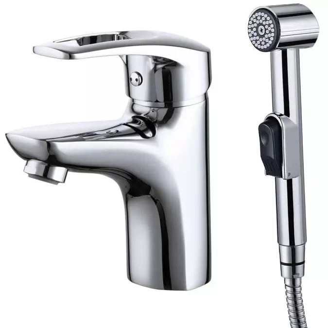 Mixers foar sinkje mei hygiënyske dûs: foar overhead Washbasin, Hege en single-keunst, brûns en wyt, Grohe en oare merken 10382_8