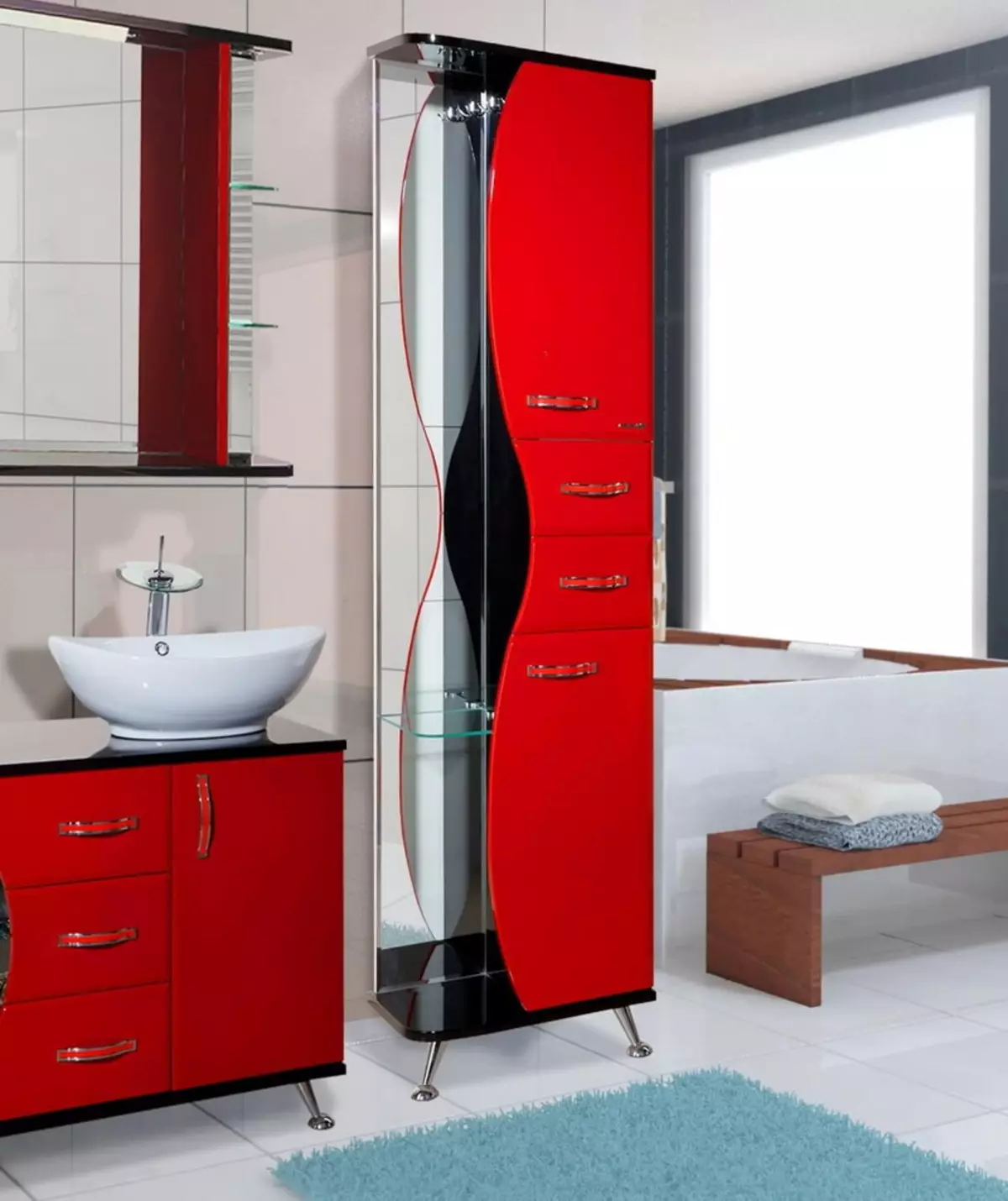 Badeværelse Pencil: Oversigt over kabinetter 25 cm bred og en dybde på 20 cm, smalle modeller og med dimensioner på 30 cm og 50 cm, 60 cm og 35 cm, udendørs, rød og hvid 10387_4