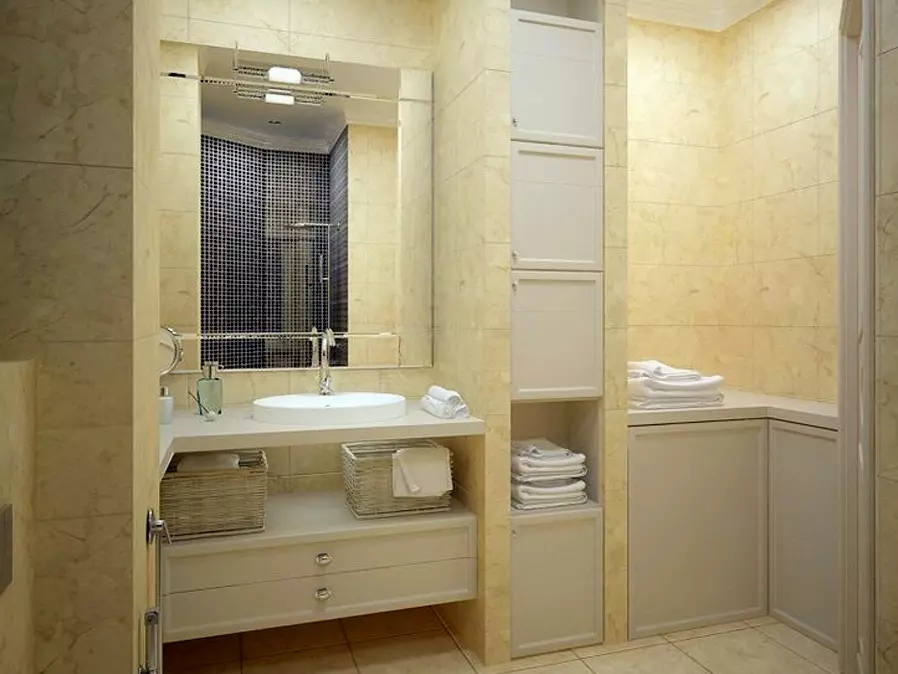 Kabinet di bilik mandi (96 foto): Model terbina dalam dan almari, model plastik dan plasterboard. Apakah ketinggian untuk menggantung loker ke atas sinki? 10388_19