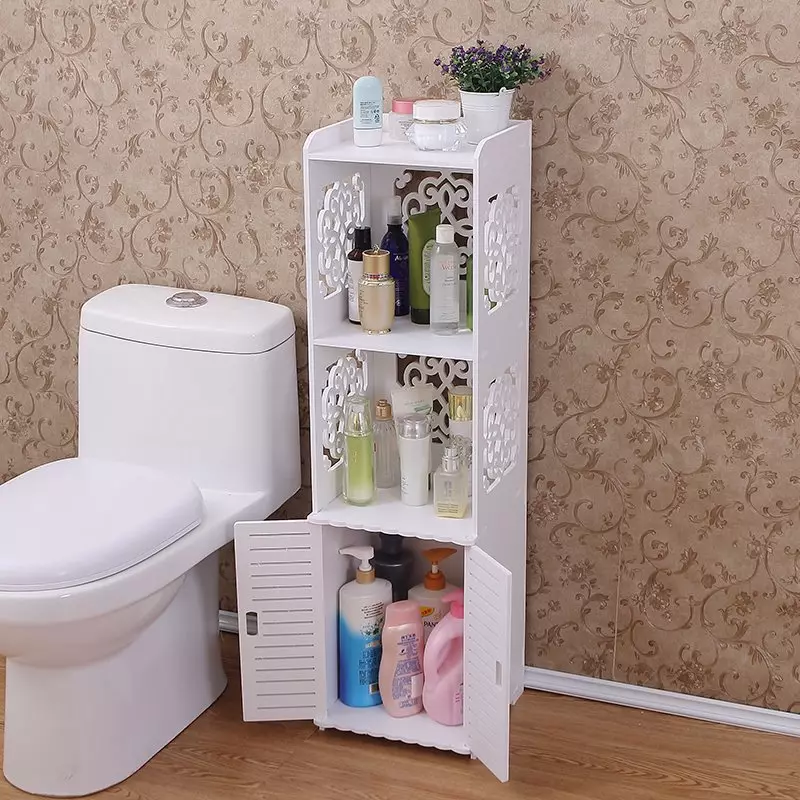 Kabinet di bilik mandi (96 foto): Model terbina dalam dan almari, model plastik dan plasterboard. Apakah ketinggian untuk menggantung loker ke atas sinki? 10388_35