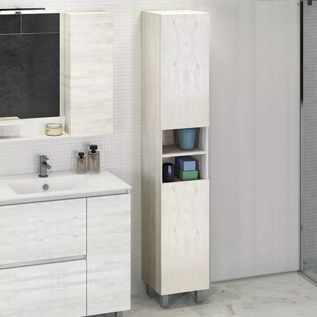 Мебель для ванны comforty. Шкаф-колонна Comforty Клеон-40 белый/дуб дымчатый.