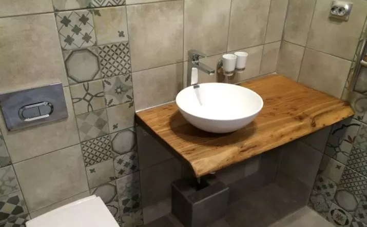 Tabletop v kúpeľni pod umývadlom (67 fotografií): z dlaždíc a mozaikových, akrylových a vlhkosti odolných voči dlaždice a ďalšie možnosti. Optimálna výška tabuľky pod umývadlom 10393_2