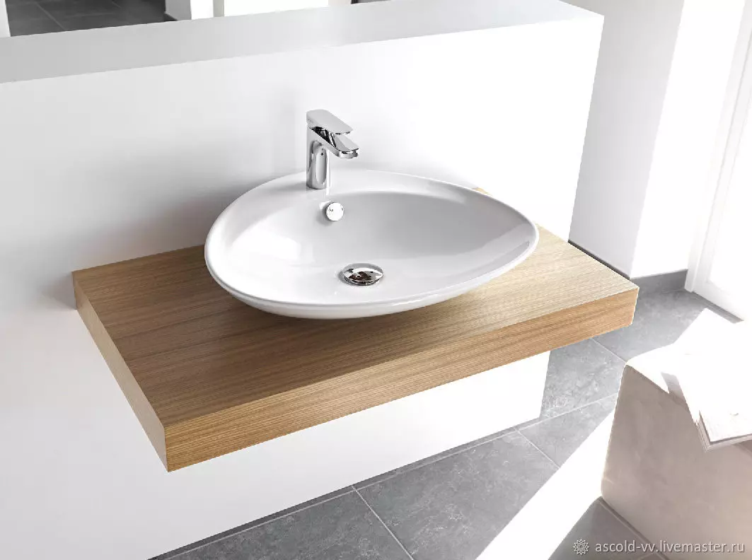 Tabletop v kúpeľni pod umývadlom (67 fotografií): z dlaždíc a mozaikových, akrylových a vlhkosti odolných voči dlaždice a ďalšie možnosti. Optimálna výška tabuľky pod umývadlom 10393_24