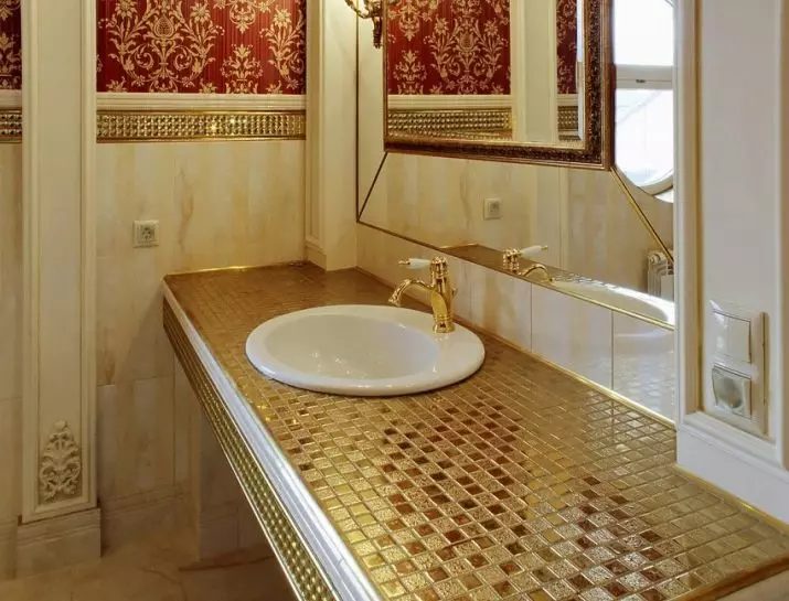 Tabletop v kúpeľni pod umývadlom (67 fotografií): z dlaždíc a mozaikových, akrylových a vlhkosti odolných voči dlaždice a ďalšie možnosti. Optimálna výška tabuľky pod umývadlom 10393_33