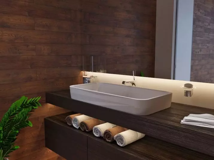 Tabletop v kúpeľni pod umývadlom (67 fotografií): z dlaždíc a mozaikových, akrylových a vlhkosti odolných voči dlaždice a ďalšie možnosti. Optimálna výška tabuľky pod umývadlom 10393_39