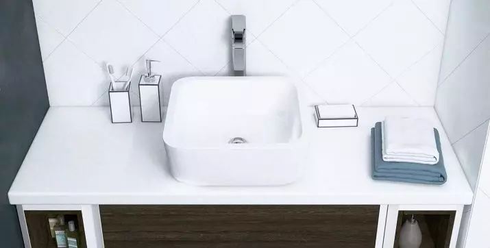 Tabletop v kúpeľni pod umývadlom (67 fotografií): z dlaždíc a mozaikových, akrylových a vlhkosti odolných voči dlaždice a ďalšie možnosti. Optimálna výška tabuľky pod umývadlom 10393_53