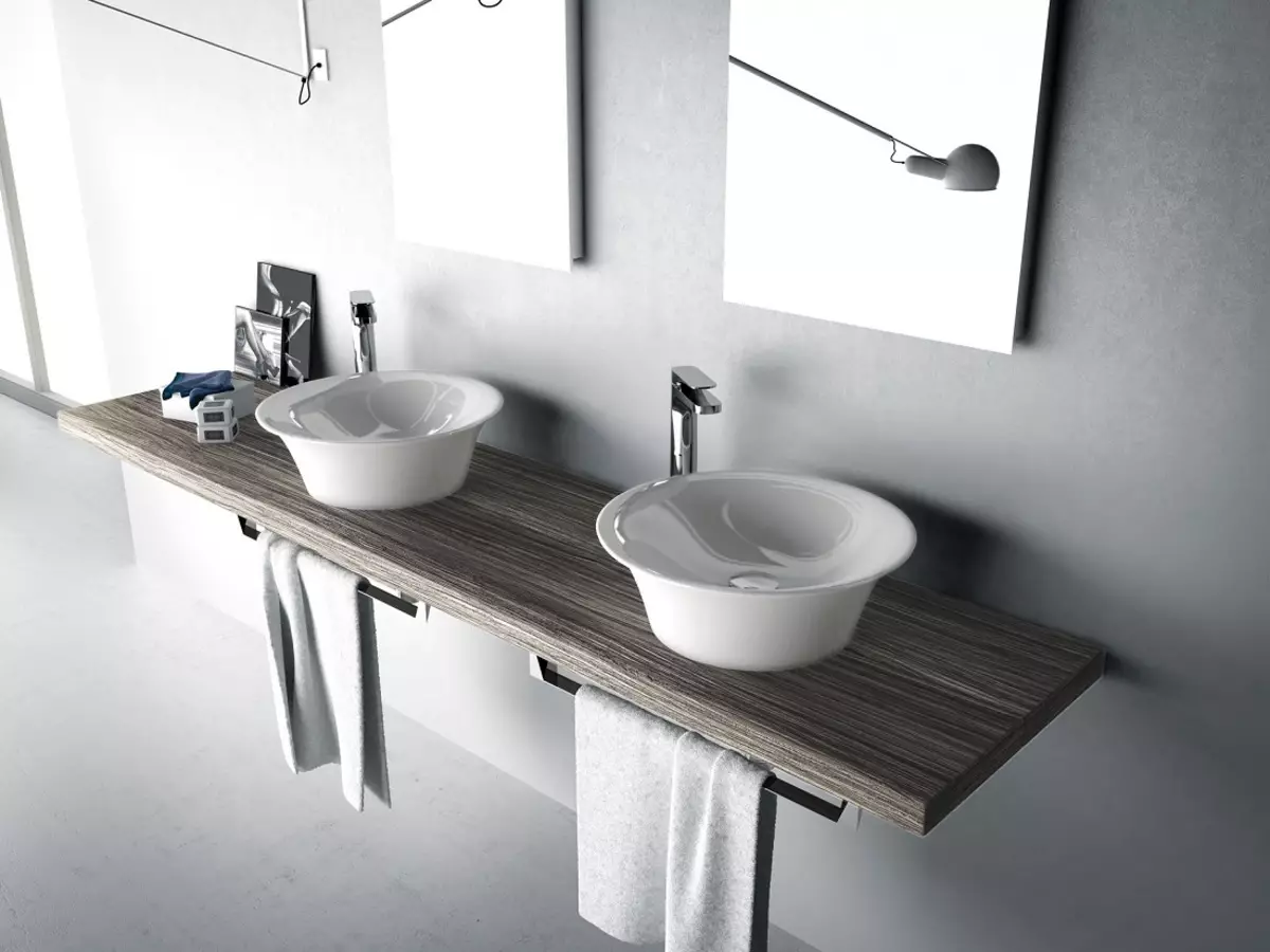 Tabletop v kúpeľni pod umývadlom (67 fotografií): z dlaždíc a mozaikových, akrylových a vlhkosti odolných voči dlaždice a ďalšie možnosti. Optimálna výška tabuľky pod umývadlom 10393_55