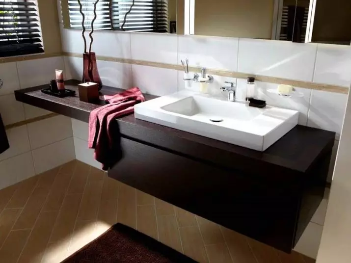 Tabletop v kúpeľni pod umývadlom (67 fotografií): z dlaždíc a mozaikových, akrylových a vlhkosti odolných voči dlaždice a ďalšie možnosti. Optimálna výška tabuľky pod umývadlom 10393_57