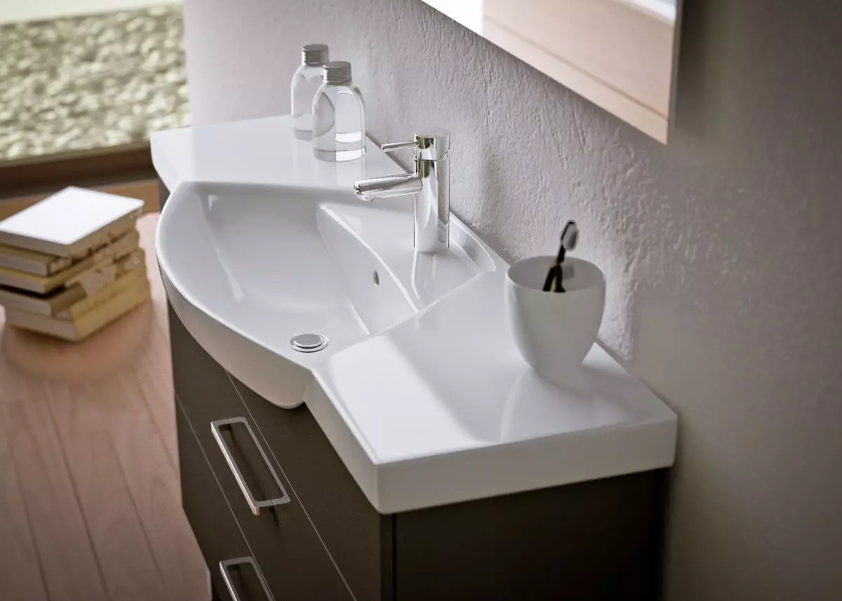 Tabletop v kúpeľni pod umývadlom (67 fotografií): z dlaždíc a mozaikových, akrylových a vlhkosti odolných voči dlaždice a ďalšie možnosti. Optimálna výška tabuľky pod umývadlom 10393_65